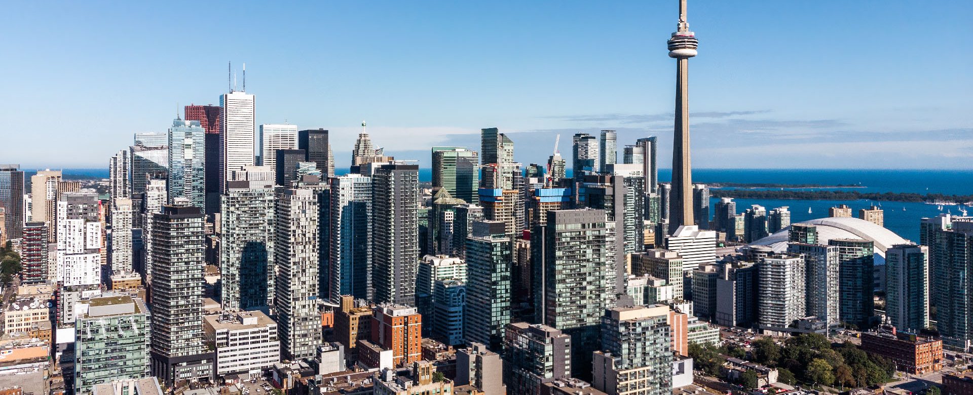Aerial view of Downtown Toronto including architectural landmark CN Tower in Toronto, Ontario, Canada.
